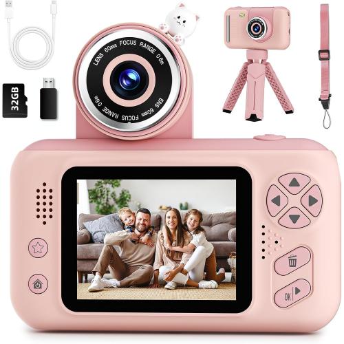 Upgrade Kids Selfie Camera,Chritmas Birthday Gift for 3-9 Years Old Girls,Portable Toy for 3 4 5 6 7 8 9 Year Children,Toddler 1080HD Digital Video Camcorder Camera with 32G SD Card Pink