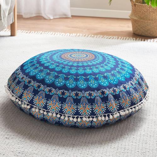 Codi Meditation Floor Pillow, Round Large Pillows Seating for Adults, Bohemian Mandala Circle Cushion for Outdoor Fireplace Yoga Living Room, 32 Inch, Memory Foam Added, Navy