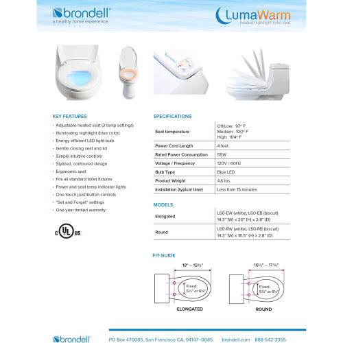 Brondell LumaWarm Slow Close Round White Plastic Night Light Toilet Seat