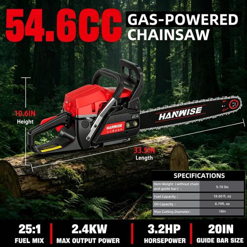 54.6cc Gas Chainsaw, 20 Inch Guide Bar, 3.2HP 2.4KW 2-Stroke Gasoline Chainsaw, Handheld Power Chain Saw with 65Mn Steel Chain, Quick Start, for Tree Cutting, Logging & Firewood