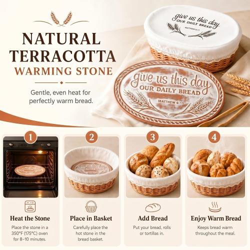 Bread Warmer Basket with Warming Stone, Christian Gift