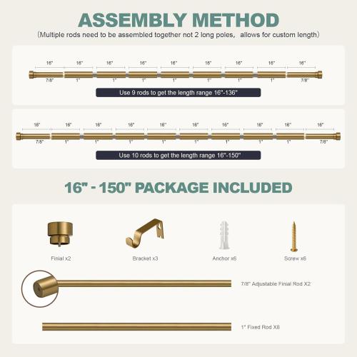Warm Gold Curtain Rods for Windows 72 to 144 Inches Adjustable Length Heavy Duty 1 Diameter Brass Bronze Long Window Curtain Rod with Solid Metal Finials for Outdoor Farmhouse Bedroom Living Room