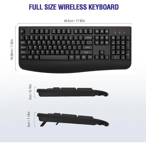 QUASIO Wireless Keyboard, 2.4G Full-Sized Ergonomic Wireless Computer Keyboard with Wrist Rest for Windows, Mac OS Laptop/PC/Desktop/Notebook(Black)