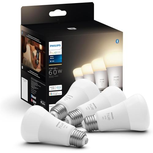 Philips Hue Smart 60W A19 LED Bulb - Soft Warm White Light - 4 Pack - 800LM - E26 - Indoor - Control with Hue App - Works with Alexa, Google Assistant and Apple Homekit