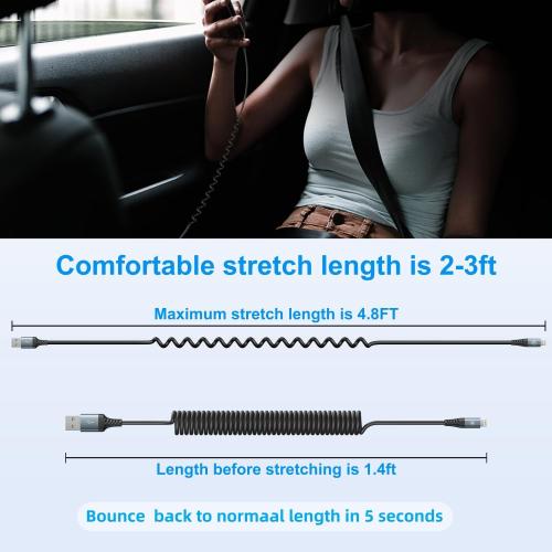 Coiled Lightning Cable, iPhone Charger Cable 3FT for Car, 2 Pack-Black