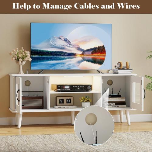 Wood TV Stand for TV, Mid Century Modern Entertainment Center with Adjustable Shelf, Sensor LED Light, 2 Cabinets, TV Media Console for Living Room Bedroom White