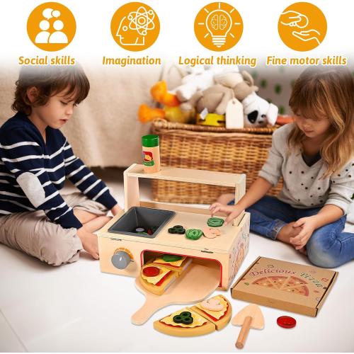 Wooden Pizza Toy, Wooden Pizza Counter Playset with Bake Oven, Montessori Pretend Play Toys, Play Food and Accessories, Cooking Pretend Play Toys for Boys Girls Age 3
