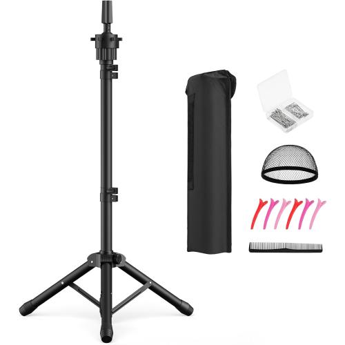 Wig Head Stand 50 Inches, Height Adjustable Tripod Wig Stand, Salon Mannequin Head Stand with Anti-Slip Base for Styling, Wig Display Barber Training, Beauty School​ (Black)