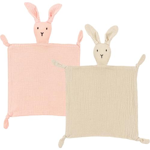 ZIGJOY Bunny Lovey Muslin Cotton Baby Security Blanket Soft Breathable Lovies for Babies Gifts for Newborn Infant Toddler Boys and Girls, Pink & Khaki