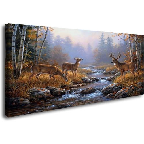 Ardakar Deer Wall Art Autumn Forest Canvas Print Wildlife Landscape Painting Framed Yellow Rustic Nature Animal Pictures for Cabin Living Room Bedroom Decor (Framed, 48 L x 24 W)