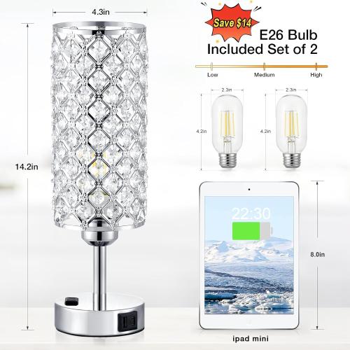 Silver Crystal Lamps Set of 2, 3-Way Dimmable Touch Lamps for Nightstand