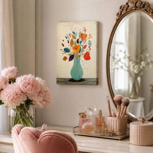 Abstract Floral Canvas Wall Art Framed Colorful Vase Home Decor 12x16 Inch
