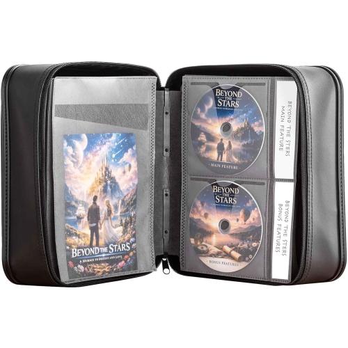 SANWA CD DVD Case Holder - 100 Capacity & 50 Booklet Insert, Portable Blu-ray Binder with Handle & Zipper, EVA Protect Disc Wallet Media Storage for Car, Home, Office, Game Discs, Audio Music, Black