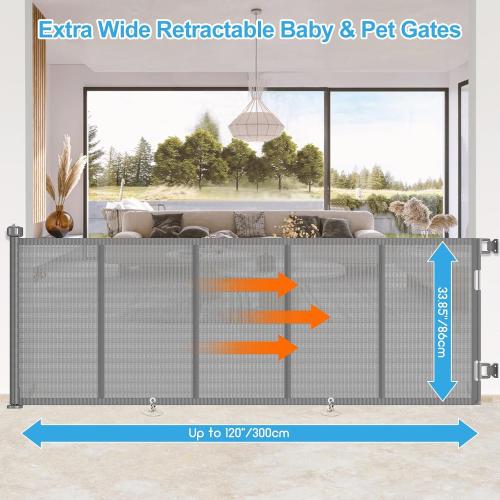EZIGO 120 Inch Retractable Baby Gates Extra Wide Reinforced Baby Dog Gate | 34 Inch Tall Retractable Dog Gate with Reinforced Strip Mesh Safety Pet Gate for Stairs Hallway Doorway Indoor Outdoor, Gray