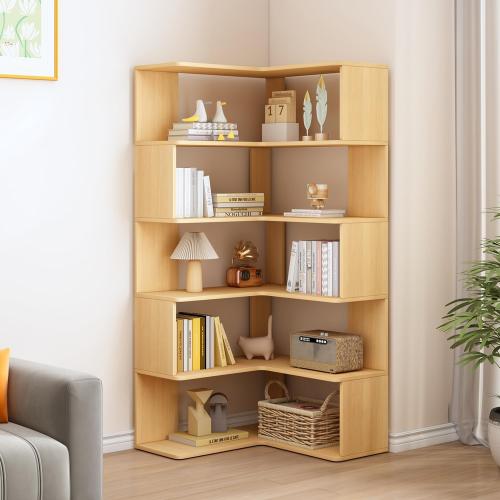 IOTXY 6-Tier L-Shaped Corner Bookshelf, Tall Bookcase, Oak