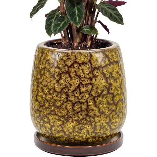 10.3 Inch Ceramic Glaze Plant Pot with Saucer, Flower Pots with Drainage Hole Mesh Net (Spot Yellow)