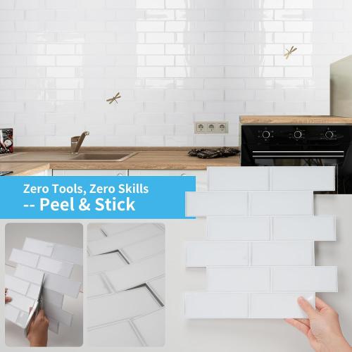 Art3d Subway Design Wall Tile, Peel and Stick Backsplash, 10-Pack, White