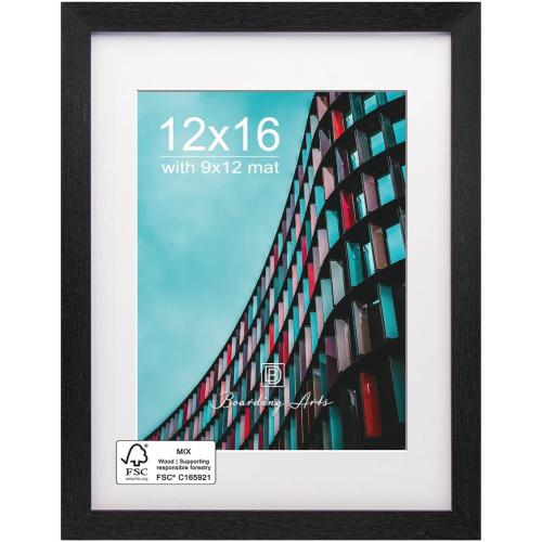 Boarding 12X16 Picture Frames with Shatter-Resistant Glass,Wood Photo Frame for 9x12 with Mat or 12 x16 without Mat,Sylvan Collection Poster Frames for Wall Display,Black,1Pack