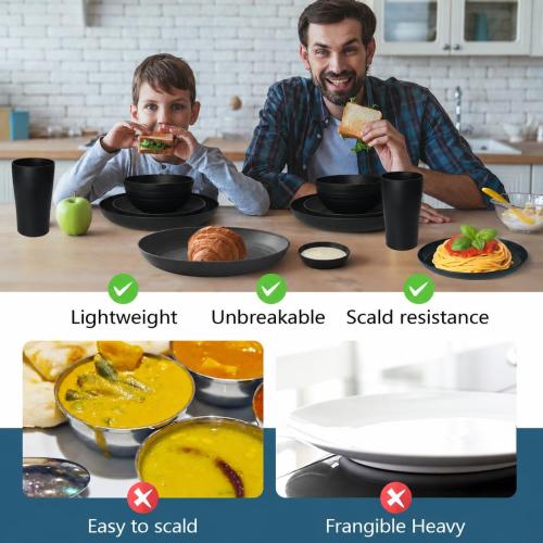 Teivio 72-Piece Kitchen Plastic Wheat Straw Dinnerware Sets for 6, Dinner Plates, Plates and Bowls Sets,Cups, Flatware, Sauce Dish,Dishwasher Safe, Unbreakable Apartment RV Camping Dishes, Black
