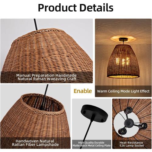 3-Light Dark Curry Rattan Pendant Light,16.54 Rustic Hanging Light,Brown Wicker Pendant Light Hand-Woven Rattan Chandelier for Workplace Restaurants Dining Living Kitchen Farmhouse