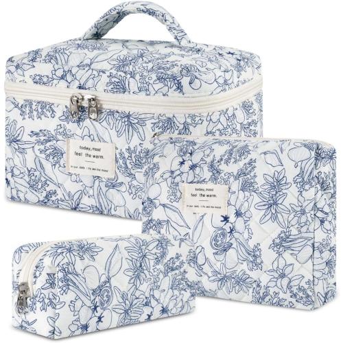 Makeup Bag, 3 Pcs Cotton Floral Quilted Makeup Bag Set, Large Toiletry Travel Cosmetic Bag for Women