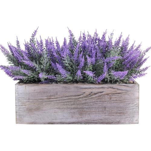 Fake Lavender Flower Arrangement in Rustic Rectangular Wood Planter Box Artificial Potted Lavender Plant for Gifts Farmhouse Wedding Centerpiece Kitchen Windowsill Table Shelf Indoor Greenery Decor