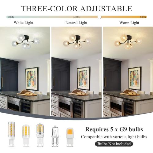 Semi Flush Mount Ceiling Light Black 5-Lights Sputnik Ceiling Light Mid Century Modern Clear Glass Globe Close to Ceiling Light for Bedroom Kitchen Entryway Closet