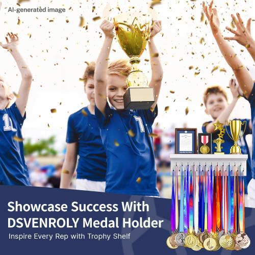 Medal Holder Display Trophy Shelf Organizer, Sturdy Wooden Race Award Hanger Rack with 25 Steel Hooks, Wall Mount Storage Stand for Sports Fans, Cheer Success