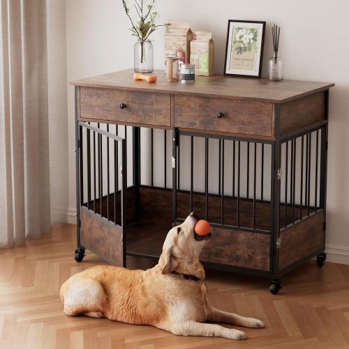 44.5 Dog Crate Furniture, Wooden Dog Kennel with Storage Drawers, Large Dog Cage with Wheels, Heavy Duty Wooden Dog Crate End Table with Steel Tubes for Big Breed