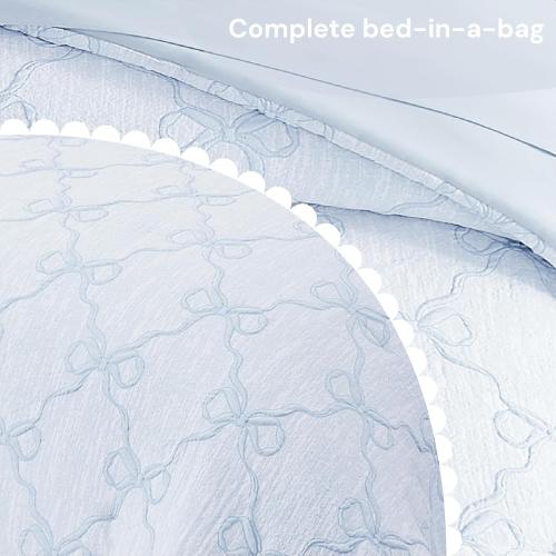 Twin XL Comforter Set for Girls - 5 Pieces Blue Bow Bed in a Bag