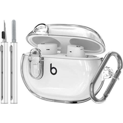 Compatible with Beats Studio Buds/Studio Buds Plus Case Cover Clear 2021/2023 Men Lock Clip with Cleaner Kit, Protective Cover for New Beats Studio Buds   Wireless Earbuds Case with Keychain, Clear