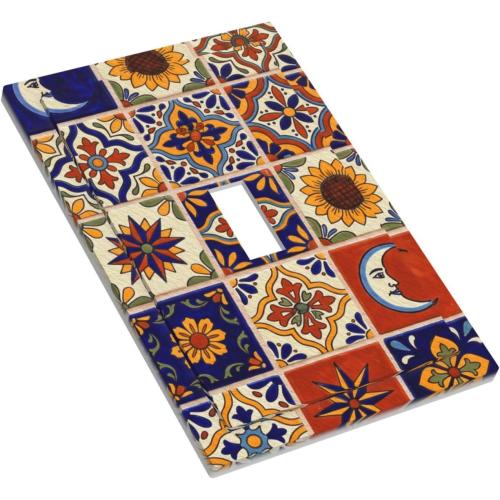 Decorative Light Switch Cover Plate Colorful Mexican Talavera Tile 1 Gang Single Toggle Wall Plates for Electrical Outlets Outlet Covers Switch Plate Covers Faceplate for Kitchen Home Decor