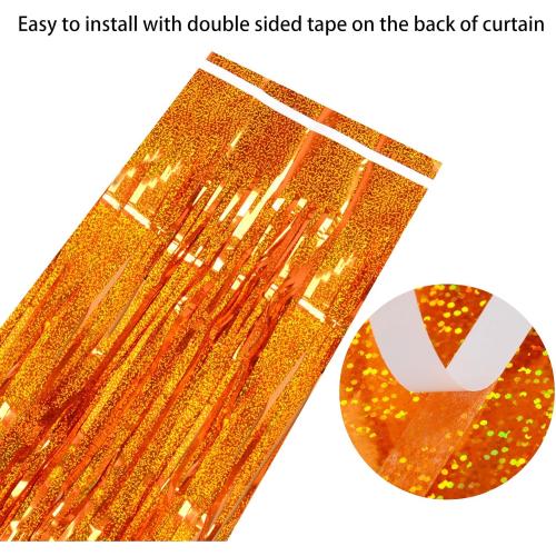 Orange Foil Fringe Curtain Backdrop 3 Pack, 3.2 x 8.2 FT Halloween Decor