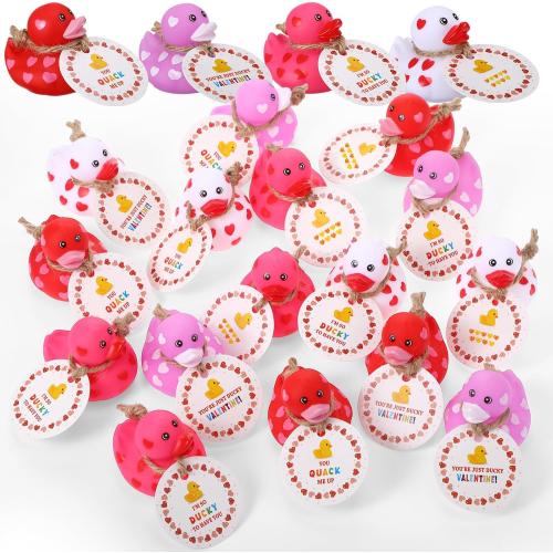 Jerify 12 Pcs 2 Inch Mini Valentine Rubber Duckies with Gift Cards Valentine's Day Heart Rubber Ducks Bath Toys for Classroom Exchange Carnival Party Favors Game Prize