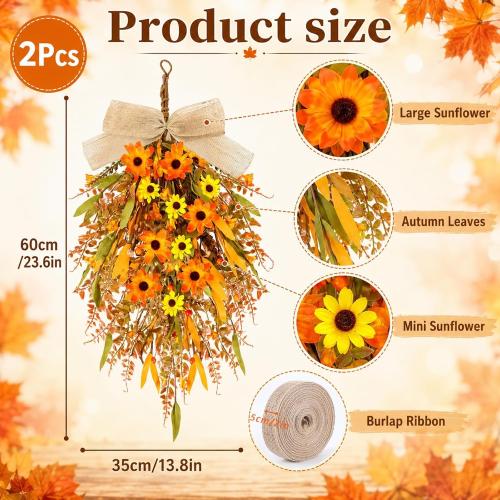2 Pcs 24 inch Artificial Fall Swag Autumn Floral Teardrop Swags for Front Door Farmhouse Kitchen Cabinet Wreaths with Ribbon for Porch Wall Window Decor