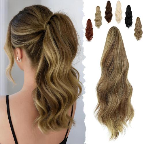 FELENDY Ponytail Extension 16 Claw Clip in Ponytails Hair Extensions Long Wavy Pony Tails Natural Looking Synthetic Hairpiece for Women Blonde Mix Light Brown