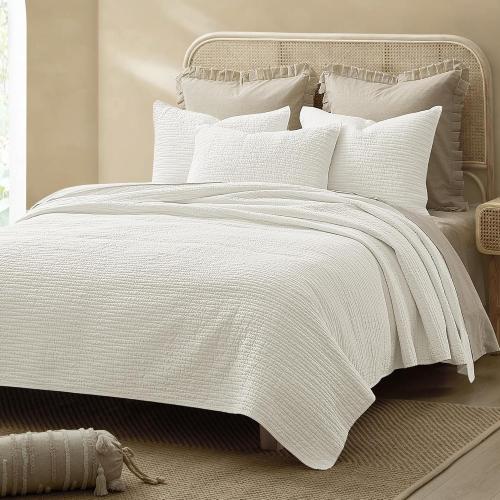 Wonderful Natural Linen Cotton Quilt - Skin-Friendly Breathable & Hypoallergenic Pre-Washed Quilt King, 3 Piece Wave Stitched White Bedding Set, All-Season Use Bedspread & Coverlet Bedding, 104x94