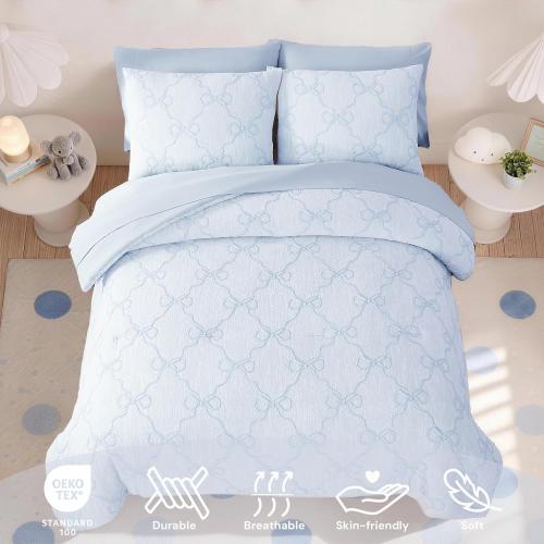 Twin XL Comforter Set for Girls - 5 Pieces Blue Bow Bed in a Bag