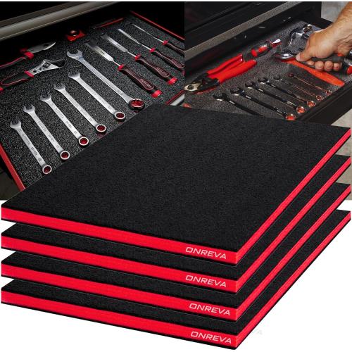 ONREVA Tool Box Foam 22x18x1 inch 4Pack, Foam Inserts for Cases, Polyethylene Storage Sheets for Toolbox Hard Case, Tool Shadow Insert, Kaizen Organizer Sheet, Black with Red