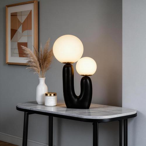 17.7 Large Modern Resin Frosted Glass Danish Cactus LED Table Lamp, 2-Light Dimmable Nightstand Bedside Lamps with Bulbs for Living Room, Office, Kids Room, Bedroom Decor - Black Dimmable