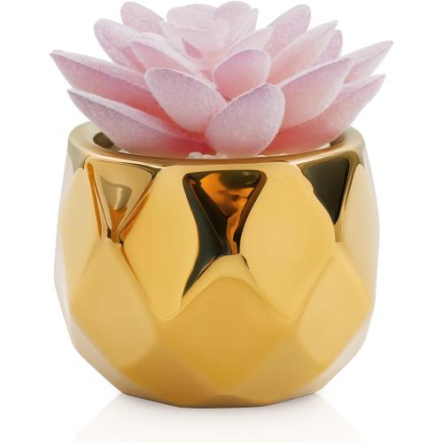 VIVERIE Mini Succulents Plants Artificial in Pots-Pink Succulents with Golden Ceramic, Small Fake Succulents for Home Decor Indoor for Women, White Ceramic Faux Succulents, Gifts for Mom-1 Pack