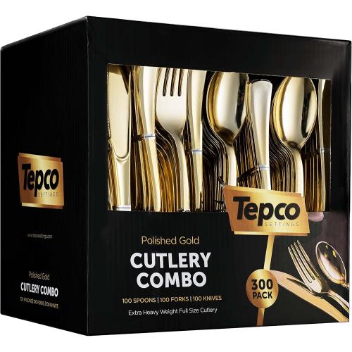 300 Gold Disposable Plastic Flatware Set - 100 Forks, 100 Spoons, 100 Knives - Heavy Duty Silverware for Party Bulk