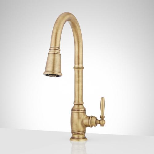 Signature Hardware 953519 Finnian 1.8 GPM Single Hole Pull Down Kitchen Faucet Aged Brass Faucet Kitchen Single Handle