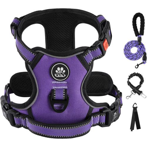 IVY&LANE No Pull Dog Harness for Medium Dogs, Dog Vest Harness with Leash, Safety Belt and Storage Strap, Fully Adjustable Harness, 360° Reflective Strip, Soft Handle (Purple, M)