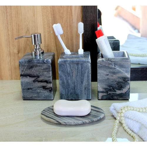 Bathroom Accessory Set Made from Natural Stone - Bath Accessories Set of 4 Includes Soap Dispenser, Toothbrush Holder, Tumbler and Soap Dish (Grey)