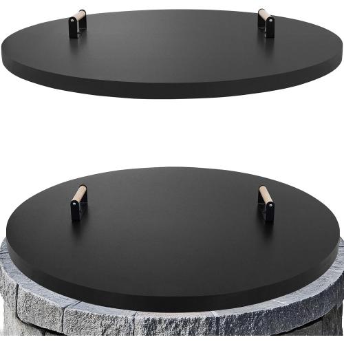 Fire Pit Lid Cover Round - 38 Rust Resistant Powder Coated Steel Firepit Cover or Table with 2 Wooden Handles for Patio Fire Pit, Weatherproof for All Seasons, Fits Fire Pits Up to 36
