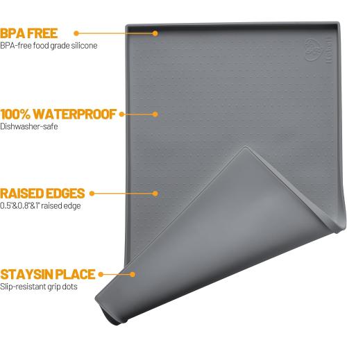 Hubulk Dog Feeding Mat,100% Waterproof Food Grade Silicone Pet Food and Water Bowl Placemat,Dishwasher, High Raised Edge to Prevent Spills,Nonslip Tray to Stop Messes on Floor (24x16x0.5, Grey)
