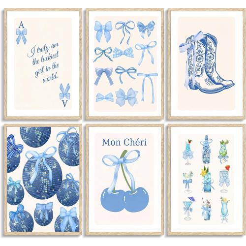 Blue Coquette Preppy Poster Wall Art,6 Pcs Aesthetic Painting Picture Wall Decor,Cowboy Boots Disco Ball Cocktail Cherry Canvas Print Artwork,for Girls Bedroom Dorm Room Home Decoration Unframed