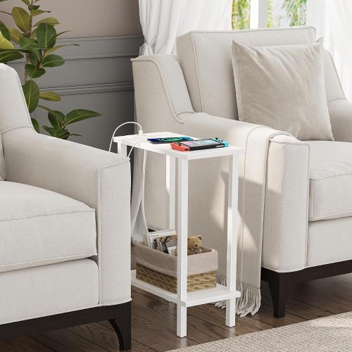 TUTOTAK Narrow Side Table, 2-Tier Small End Table with Charging Station