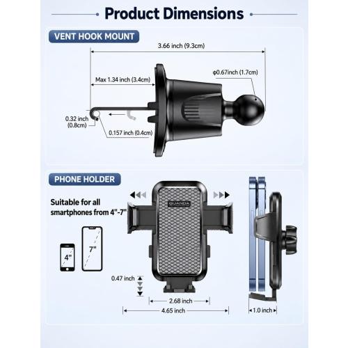 Air Vent Car Phone Holder, Metal Hook Clip, One-Hand Release, Anti-Shake